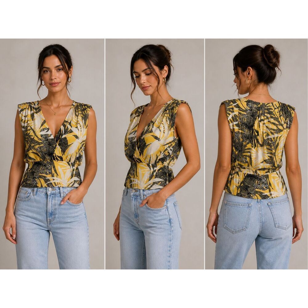 Morgan De Toi Yellow Animal Print V Neck Top Size L Trendy Shoulders
